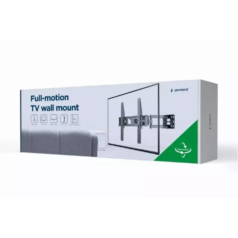 TV sienas stiprinājums Gembird WM-55ST-03 32–55 collu ekrāniem, VESA līdz 400x400, slīpums -18°/5°, pagrieziens ±90°, maks. slodze 35 kg, melns