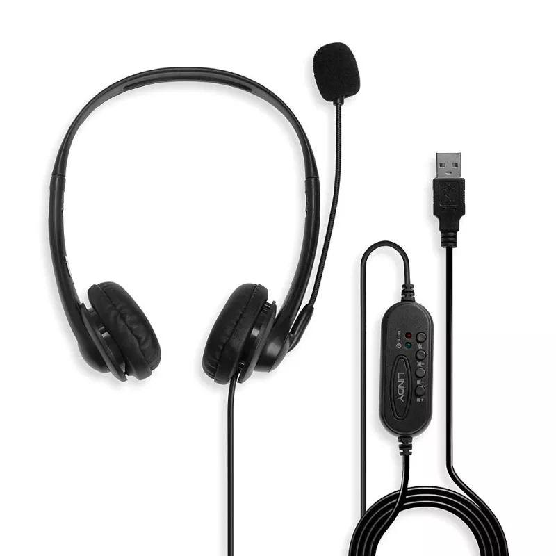 Lindy USB Type A vadu austiņas ar vadības pogu uz kabeļa