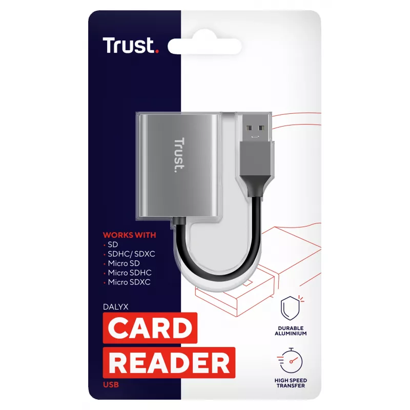 Trust Dalyx 24135 karšu lasītājs, USB 3.2 Gen 1, microSD/SD/SDHC/SDXC, sudraba krāsā