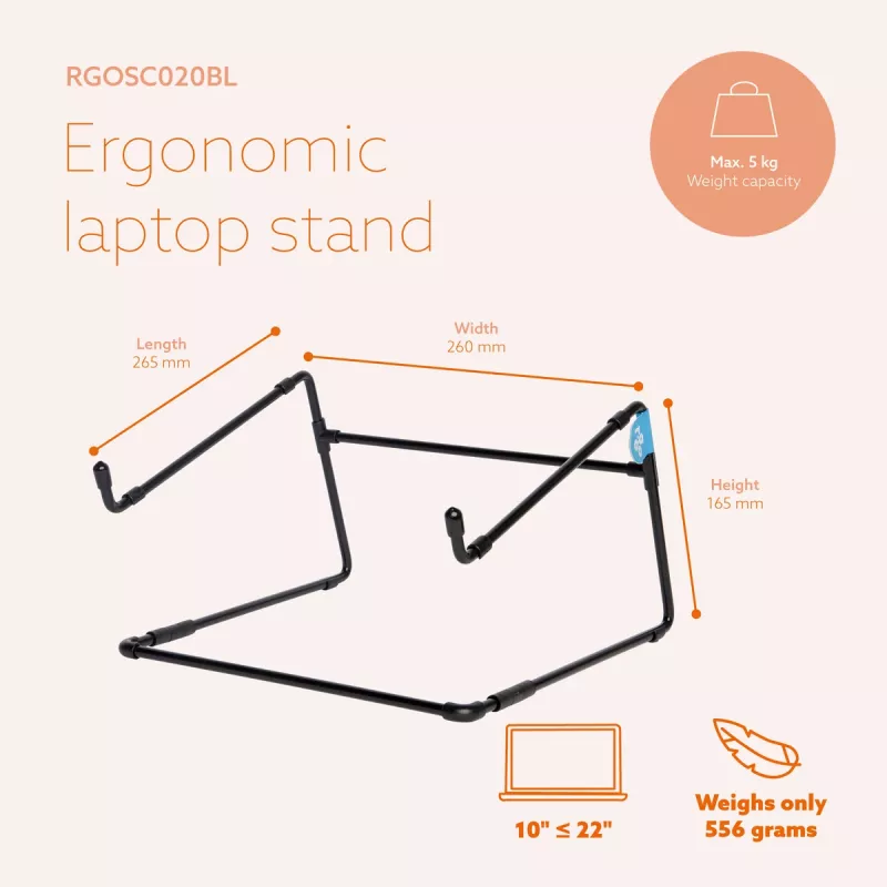 R-Go Tools Laptop statīvs R-Go Steel Office, piemērots 10-22 collu klēpjdatoriem, melns