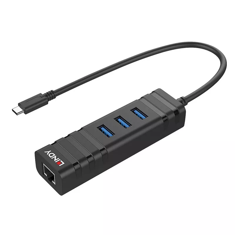 USB Hubs Lindy USB 3.2 Type-C Hubs un Gigabitu Ethernet Pārveidotājs
