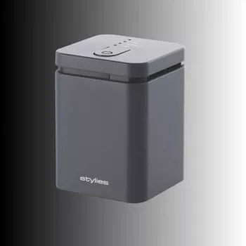Evaporatīvais aromāta difuzors Stylies ELARAGREY līdz 25 m² — AC / baterija / USB, 2 h taimeris, 1,3 W, 74×74×100 mm, pelēks
