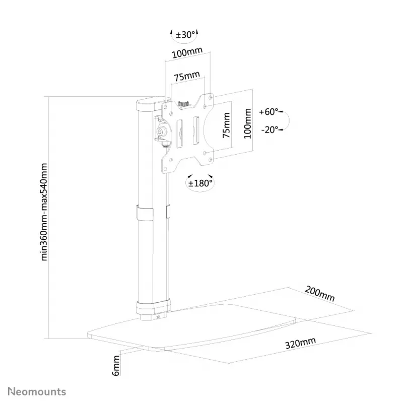 Neomounts FPMA-D890WHITE Monitora statīvs 10-30 collām, brīvi stāvošs, 6 kg, 25.4 cm (10 inch), 76.2 cm (30 inch), 100 x 100 mm, Balts