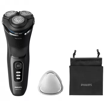 Philips 3000 Series S3244/12 elektriskais rotācijas skuveklis – 3 galviņas, slapjā/sausā skūšana, Li-Ion, 60 min darbība, izvelkamais trimeris, mazgājams, melns