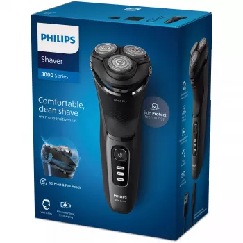 Philips 3000 Series S3244/12 elektriskais rotācijas skuveklis – 3 galviņas, slapjā/sausā skūšana, Li-Ion, 60 min darbība, izvelkamais trimeris, mazgājams, melns