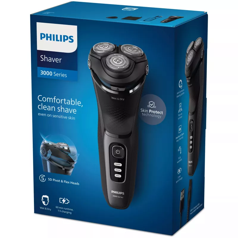 Philips 3000 Series S3244/12 elektriskais rotācijas skuveklis – 3 galviņas, slapjā/sausā skūšana, Li-Ion, 60 min darbība, izvelkamais trimeris, mazgājams, melns