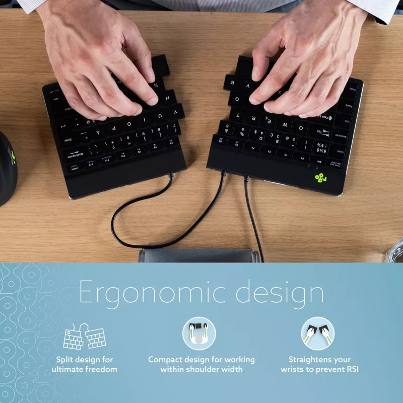 R-Go Tools ergonomiskā tastatūra R-Go Split Break v2 ar pārtraukuma programmatūru, ergonomiska sadalīta tastatūra, QWERTY (UK), vadu, melna