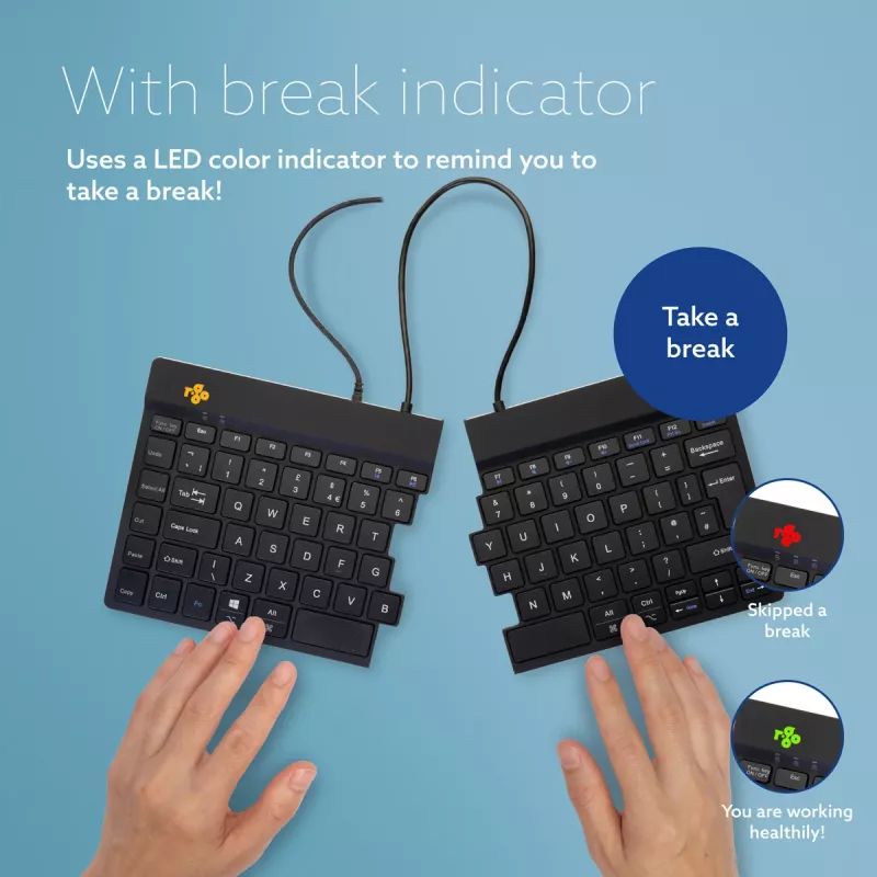 R-Go Tools ergonomiskā tastatūra R-Go Split Break v2 ar pārtraukuma programmatūru, ergonomiska sadalīta tastatūra, QWERTY (UK), vadu, melna