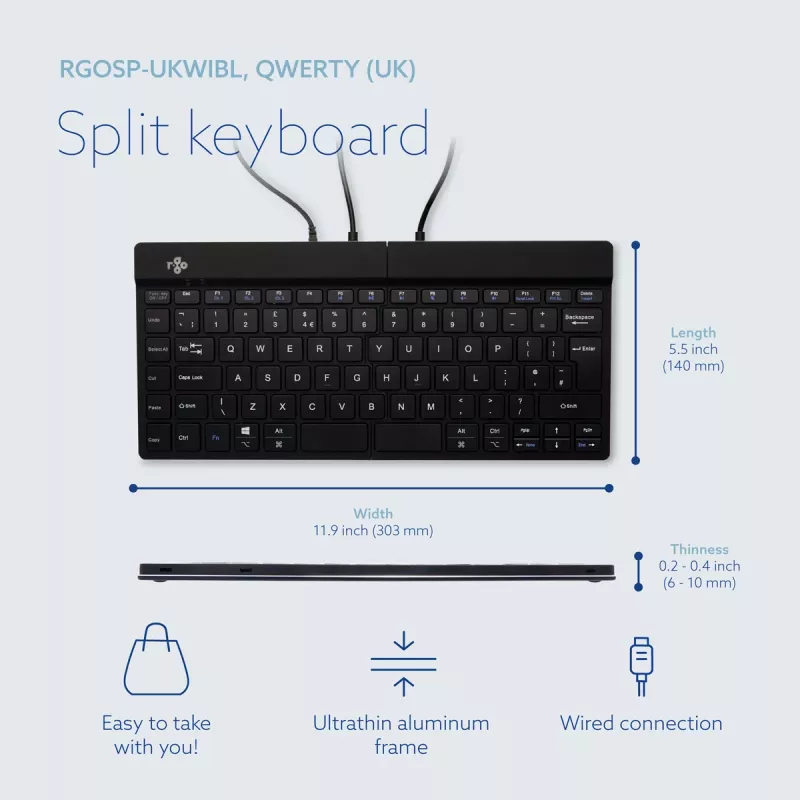 R-Go Tools ergonomiskā tastatūra R-Go Split Break v2 ar pārtraukuma programmatūru, ergonomiska sadalīta tastatūra, QWERTY (UK), vadu, melna