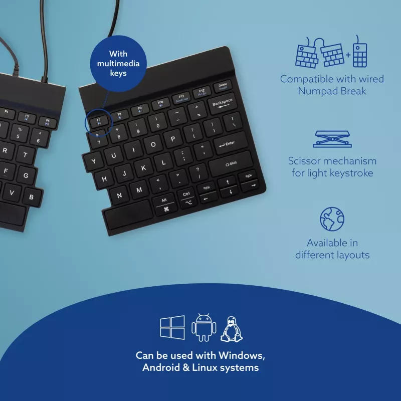 R-Go Tools Ergonomic tastatūra R-Go Split Break v2 ar pārtraukuma programmatūru, ergonomiska sadalīta tastatūra, QWERTY (US), Vadu, melna