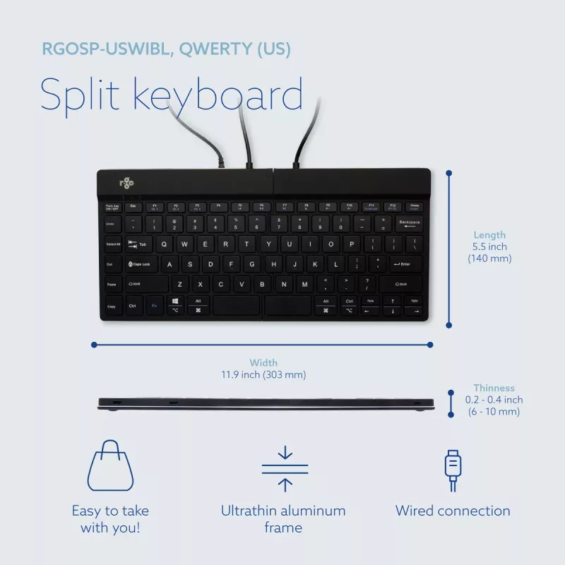 R-Go Tools Ergonomic tastatūra R-Go Split Break v2 ar pārtraukuma programmatūru, ergonomiska sadalīta tastatūra, QWERTY (US), Vadu, melna