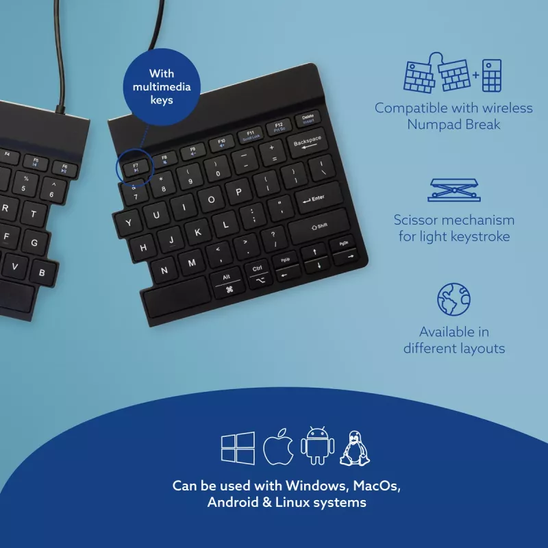 R-Go Tools ergonomiskā tastatūra R-Go Split Break ar pārtraukumu programmatūru, ergonomiska sadalīta tastatūra, QWERTY (US), Bluetooth, melna