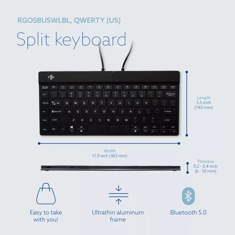R-Go Tools ergonomiskā tastatūra R-Go Split Break ar pārtraukumu programmatūru, ergonomiska sadalīta tastatūra, QWERTY (US), Bluetooth, melna