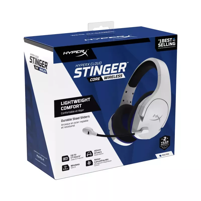 HyperX Cloud Stinger Core - Bezvadu spēļu austiņas (Balti-Zila) - PS5/PS4