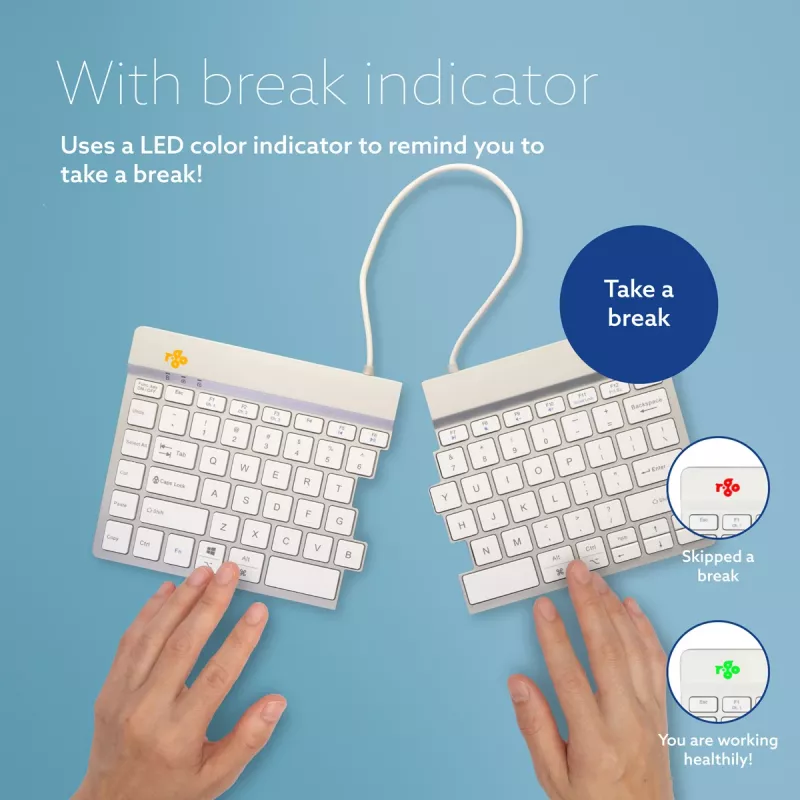 R-Go Tools ergonomiskā tastatūra R-Go Split Break ar pārtraukuma programmatūru, ergonomiska sadalīta tastatūra, QWERTY (US), Bluetooth, balta
