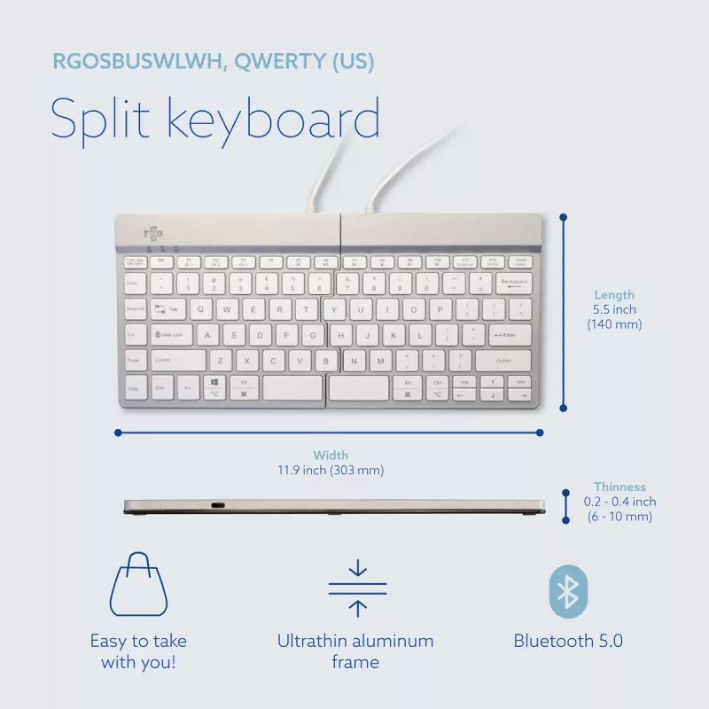 R-Go Tools ergonomiskā tastatūra R-Go Split Break ar pārtraukuma programmatūru, ergonomiska sadalīta tastatūra, QWERTY (US), Bluetooth, balta