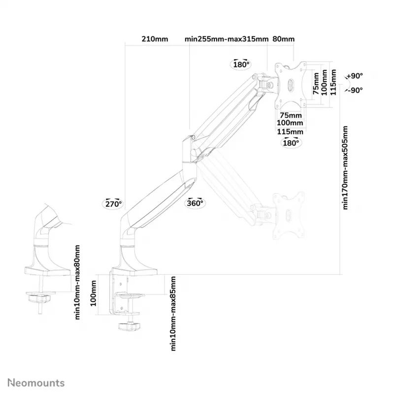 Neomounts NM-D750WHITE monitora roka 10-32 inch - gāzes atspere, Clamp/Grommet, 9 kg, 25.4 cm (10 inch), 81.3 cm (32 inch), 100 x 100 mm, Balta