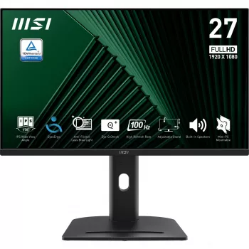 MSI PRO MP275PG 27 collu monitors, FHD (1920 x 1080), 100Hz, IPS, 1ms, 1x HDMI 1.4b, 1x DP 1.2a, 1x D-Sub(VGA), iebūvēti skaļruņi, pretatspīduma, pretmirgošanas, samazināts zilais starojums, TÜV sertificēts, VESA, Kensington, 4-virzienu regulējams statīvs