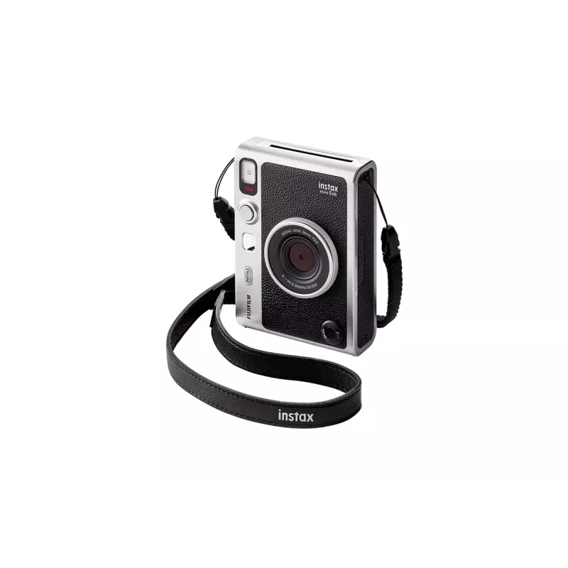 Fujifilm Instax Mini Evo momentkamera ar drukāšanu — 1/5 collu CMOS 2560×1920, 3 collu TFT, aizvars 1/8000–0.25 s, iebūvēts zibspuldze, 285 g, sudrabs/melns