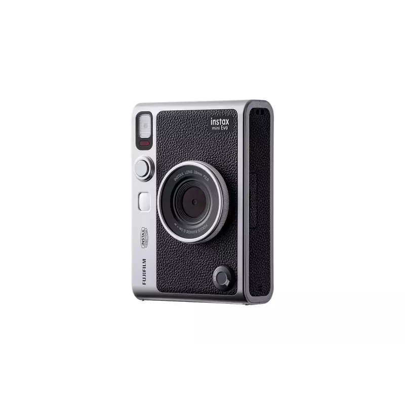 Fujifilm Instax Mini Evo momentkamera ar drukāšanu — 1/5 collu CMOS 2560×1920, 3 collu TFT, aizvars 1/8000–0.25 s, iebūvēts zibspuldze, 285 g, sudrabs/melns