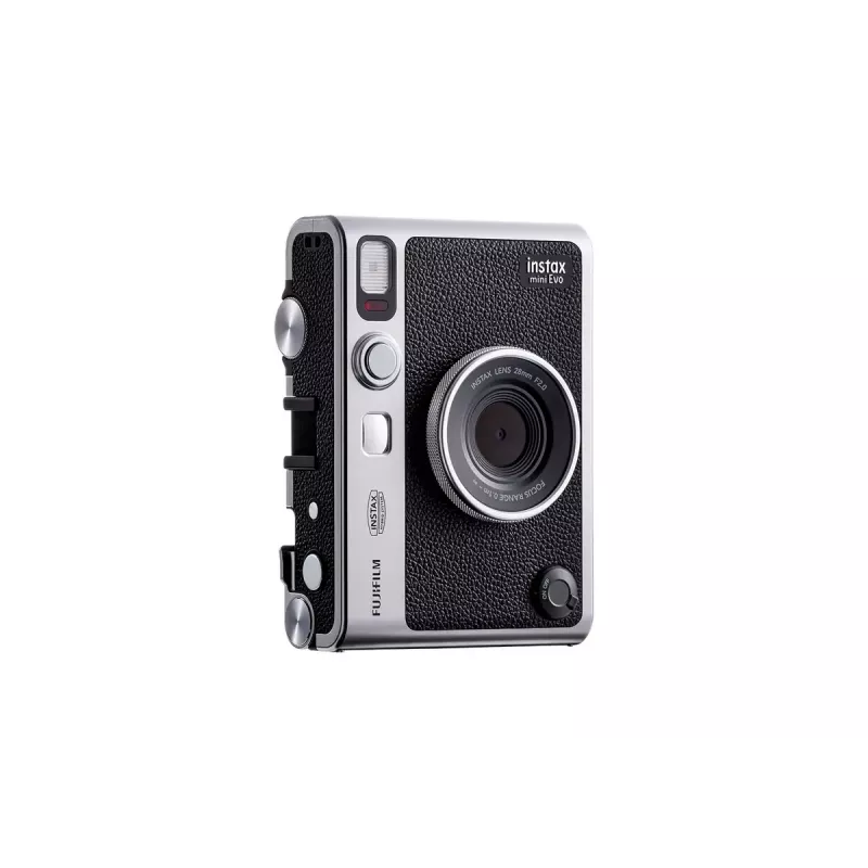 Fujifilm Instax Mini Evo momentkamera ar drukāšanu — 1/5 collu CMOS 2560×1920, 3 collu TFT, aizvars 1/8000–0.25 s, iebūvēts zibspuldze, 285 g, sudrabs/melns
