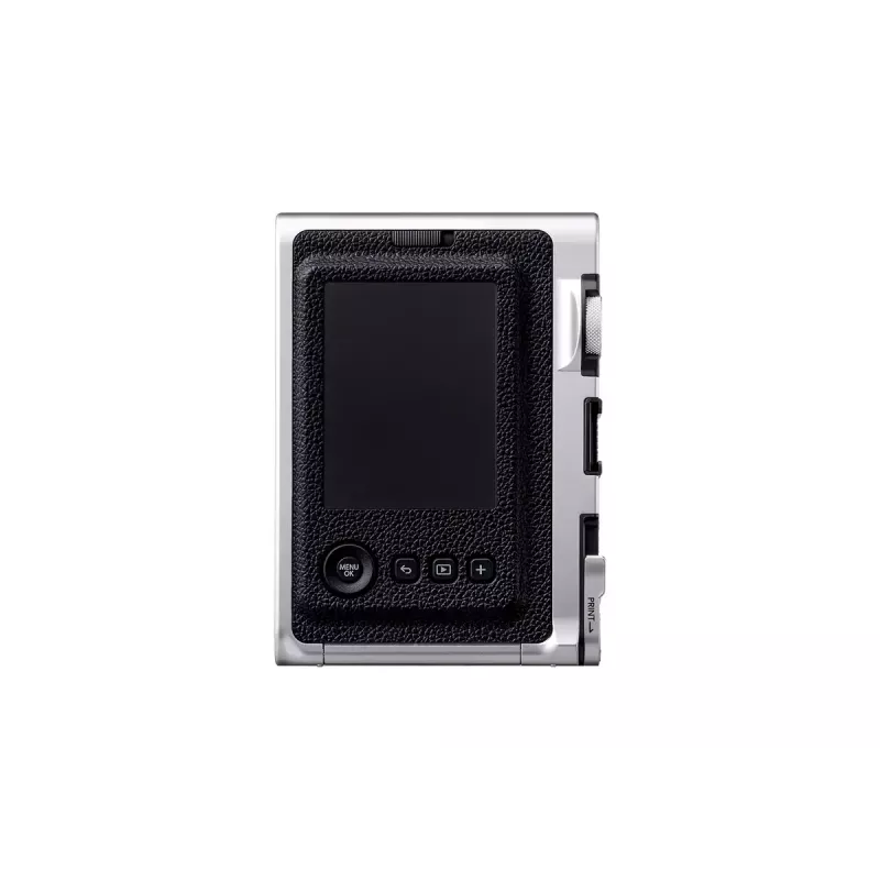 Fujifilm Instax Mini Evo momentkamera ar drukāšanu — 1/5 collu CMOS 2560×1920, 3 collu TFT, aizvars 1/8000–0.25 s, iebūvēts zibspuldze, 285 g, sudrabs/melns