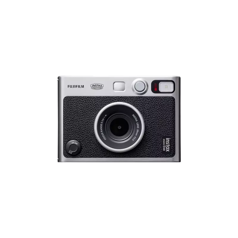 Fujifilm Instax Mini Evo momentkamera ar drukāšanu — 1/5 collu CMOS 2560×1920, 3 collu TFT, aizvars 1/8000–0.25 s, iebūvēts zibspuldze, 285 g, sudrabs/melns