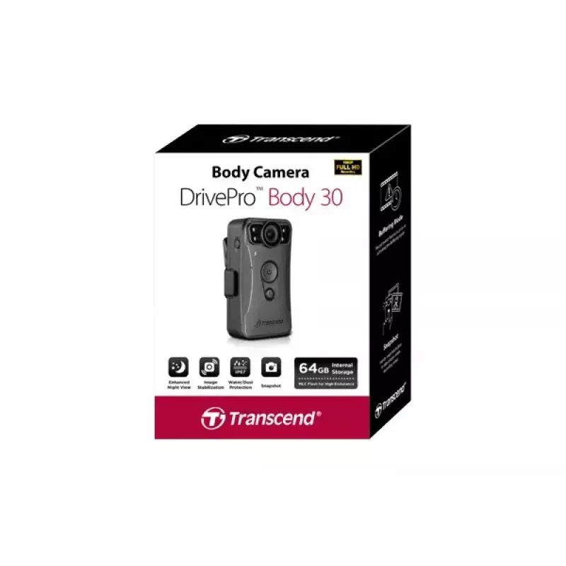 TRANSCEND DrivePro Body 30 — darbības kamera, Full HD 1920x1080, 130° objektīvs, 128 GB, Wi‑Fi, IP67