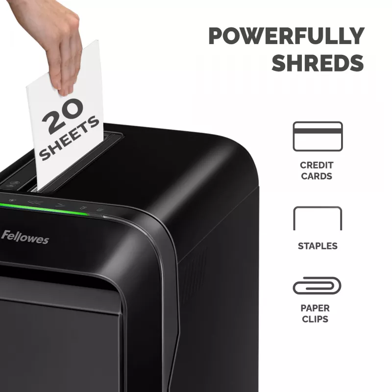 Fellowes Powershred LX221 5050401 mikrogriešanas papīra smalcinātājs, P-5, 20 lapas, 2 x 12 mm, 30 l, 70 dB, melns
