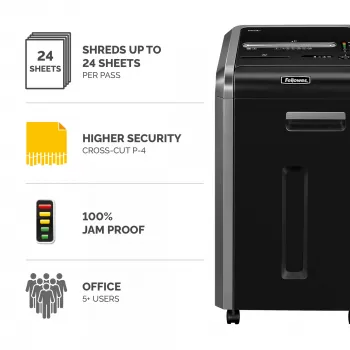 Fellowes 225Ci šķērsgriezuma papīra smalcinātājs 24 loksnēm, 60 l grozs, drošības līmenis P4