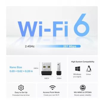 Bezvadu USB adapteris TP-Link Archer TX1U Nano Wi-Fi 6 (IEEE 802.11ax) divjoslu 2,4/5 GHz, 287 Mbit/s, Bluetooth, USB 2.0, Melns