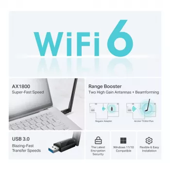 Bezvadu USB Wi‑Fi adapteris TP‑LINK Archer TX35U PLUS — Wi‑Fi 6 divjoslu 1201 Mbit/s, USB barots, melns