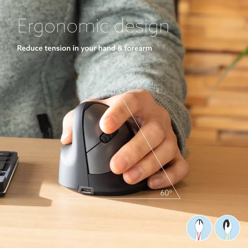 R-Go Tools ergonomiskā pele R-Go HE Break ar pārtraukuma programmatūru, vidēja (rokas izmērs 165-185 mm), kreilim, Bluetooth, melna