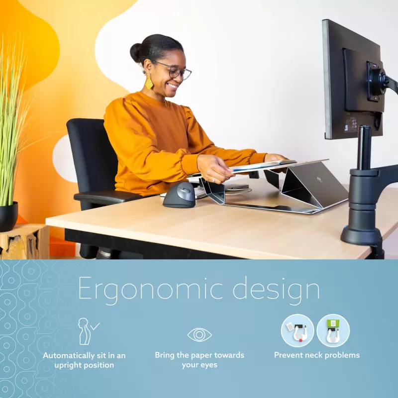 R-Go Tools Dokumentu turētājs R-Go Read2Write, lasīšanai un rakstīšanai, ergonomisks, ar mīkstu putu plaukstas balstu, matēts akrils