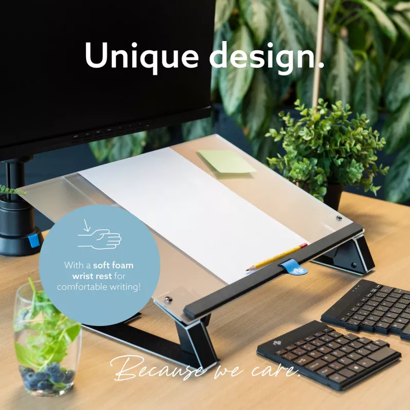 R-Go Tools Dokumentu turētājs R-Go Read2Write, lasīšanai un rakstīšanai, ergonomisks, ar mīkstu putu plaukstas balstu, matēts akrils