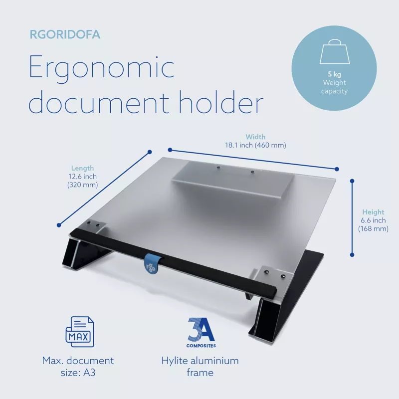 R-Go Tools Dokumentu turētājs R-Go Read2Write, lasīšanai un rakstīšanai, ergonomisks, ar mīkstu putu plaukstas balstu, matēts akrils