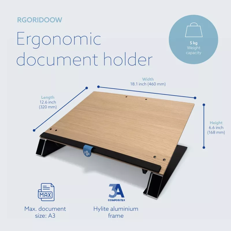 R-Go Tools dokumentu turētājs R-Go Read2Write, lasīšanai un rakstīšanai, ergonomisks, ar mīkstu putuplasta plaukstas balstu, ozolkoks