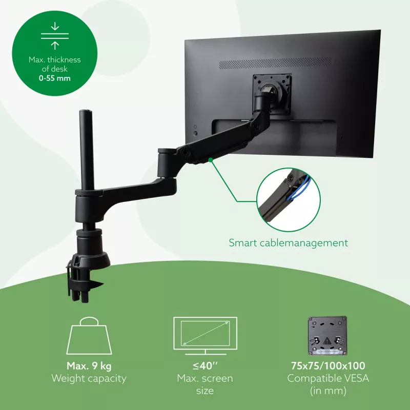 R-Go Tools Monitoru statnis R-Go Caparo Single, pilnībā regulējams ar gāzes atsperi, 3-9 kg slodze, 100% aprites, melns