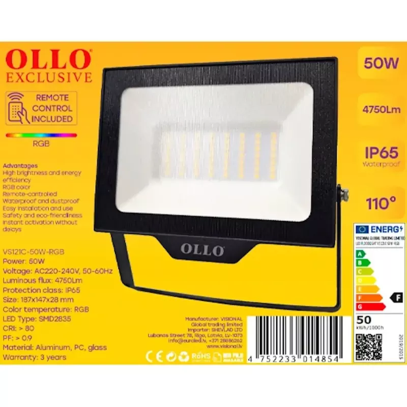 OLLO VS121C-50W-RGB āra LED prožektors — 50 W, 4750 lm, RGB