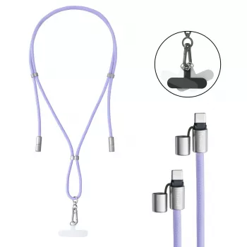 Intenso USB-C uzlādes siksniņa telefona kakla aukla 60W ātra uzlāde regulējams garums 1,65m neilons violeta
