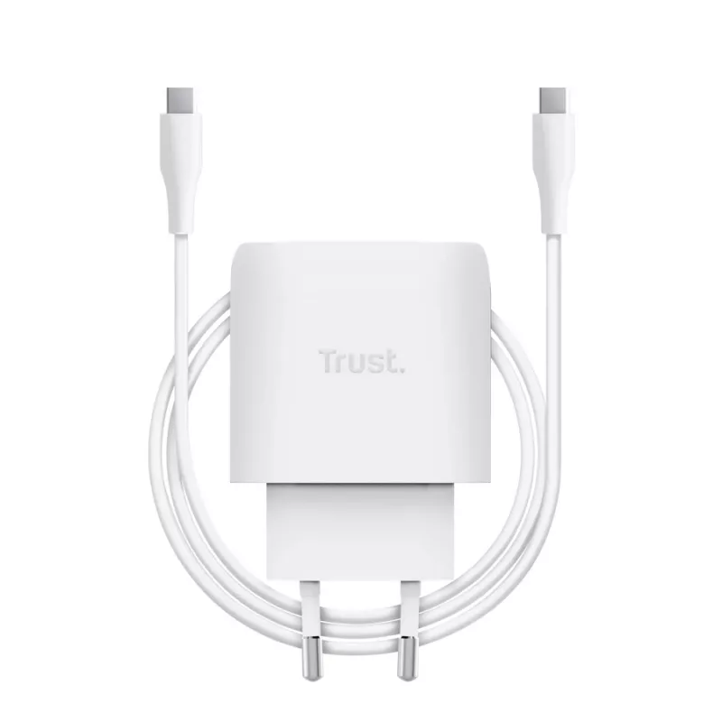 TRUST Maxo 45W USB-C GaN lādētājs, 45 W, USB-C izeja, 20 V max, 2 m kabelis, balts
