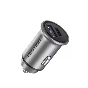 Auto lādētājs Vention Two-Port USB A+C (18/20) Pelēks Mini Stils Alumīnija sakausējums