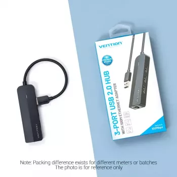 USB 2.0 centrmezgls Vention 3 porti ar 100M Ethernet adapteri, melns