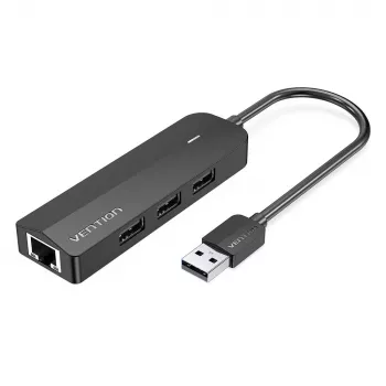 USB 2.0 centrmezgls Vention 3 porti ar 100M Ethernet adapteri, melns