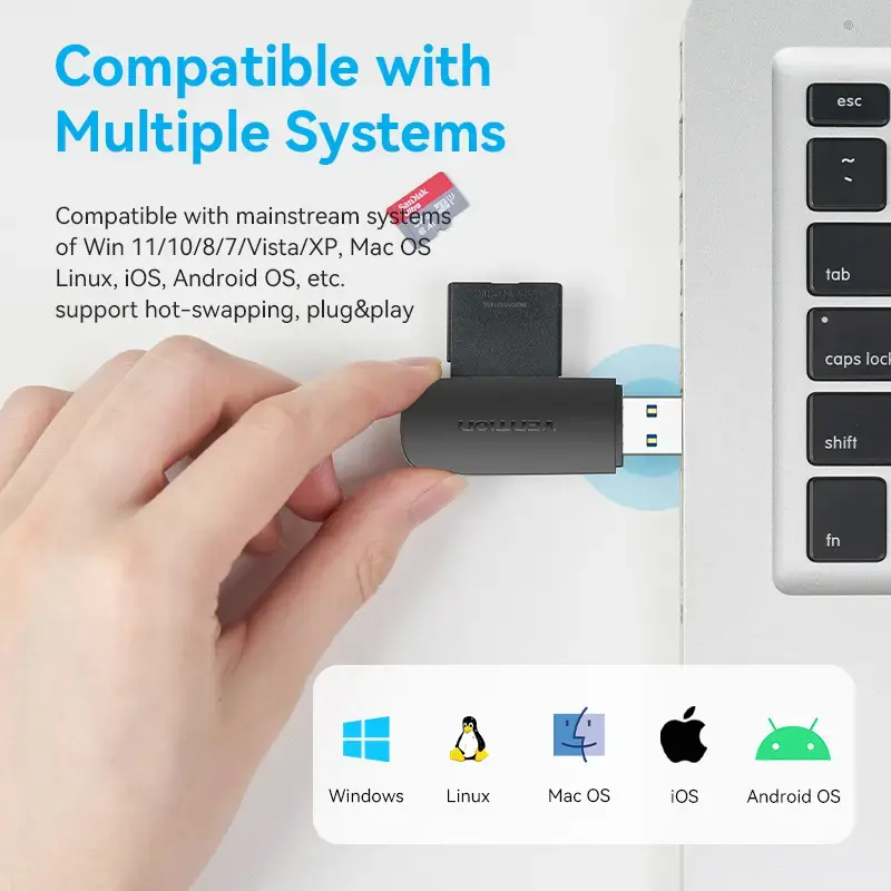 Vention CLGB0 karšu lasītājs 2 vienā, USB 3.0 A, SD + TF, divi diska burti, melnā krāsā