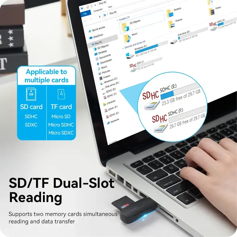 Vention CLGB0 karšu lasītājs 2 vienā, USB 3.0 A, SD + TF, divi diska burti, melnā krāsā