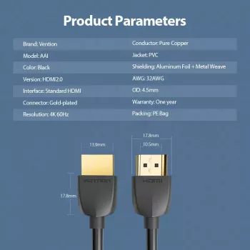 Vention pārnēsājams HDMI kabelis 3M Melns HDMI 2.0 18 Gbit/s