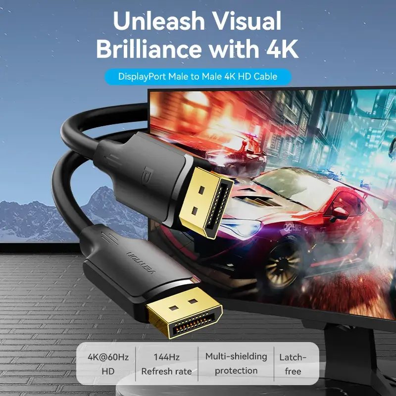DisplayPort vīriešu-vīriešu kabelis Vention 1,5 m, 4K HD, melns, 6 mm diametrs