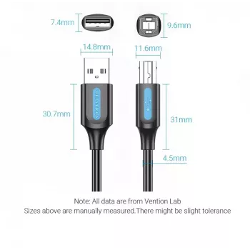 USB 2.0 A vīriešu uz B vīriešu kabelis 3 m — Vention — melns PVC, 480 Mbps, 2 A