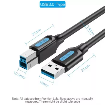 Vention USB 3.0 A-B kabelis 3 m — USB 3.2 Gen 1 (5 Gbit/s), melns, niķelēti savienotāji